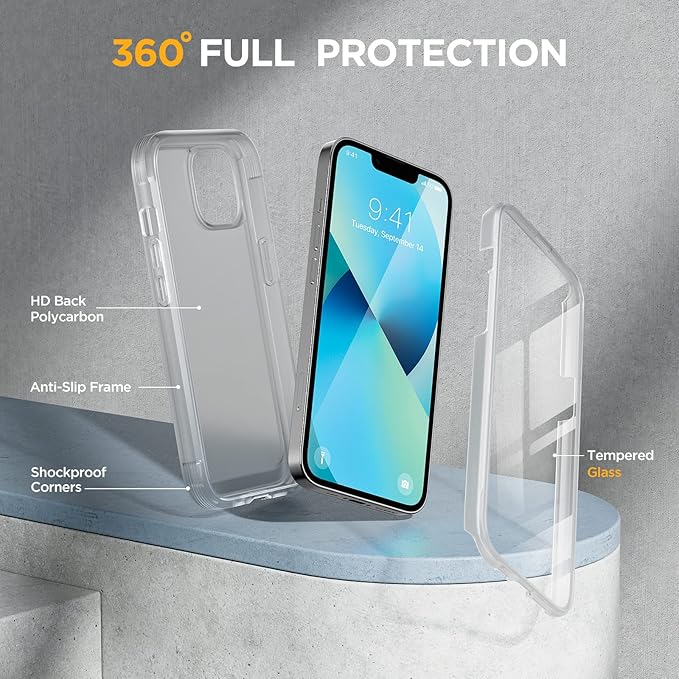 Miracase Compatible with iPhone 13 Mini case 5.4 inch, 2023 Upgrade Full-Body Glass Clear Case Bumper Case with Built-in 9H Tempered Glass Screen Protector for iPhone 13 Mini,Matte Clear