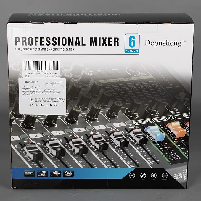 Depusheng PA6 professional DJ audio mixer 6 channel input built-in 256 kinds of DPS effects support 48V phantom power USB Bluetooth MP3 computer recording