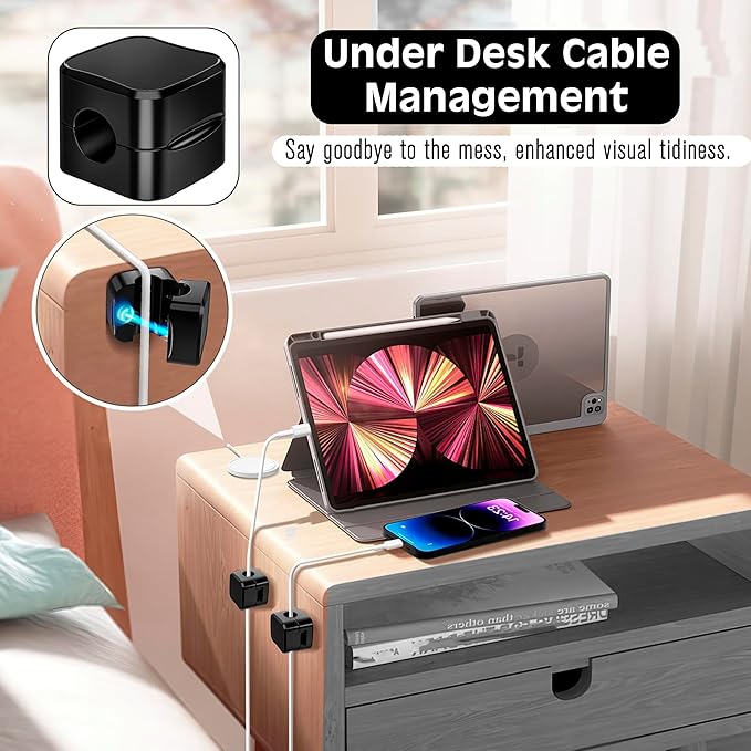 SaiTech IT Pack of 8 Magnetic Cable Clips, Cord Organizer Holder, for Desk Cable Management, Adhesive Wire Keeper for Car, Office Home Desktop, Wall, Night Table-Black