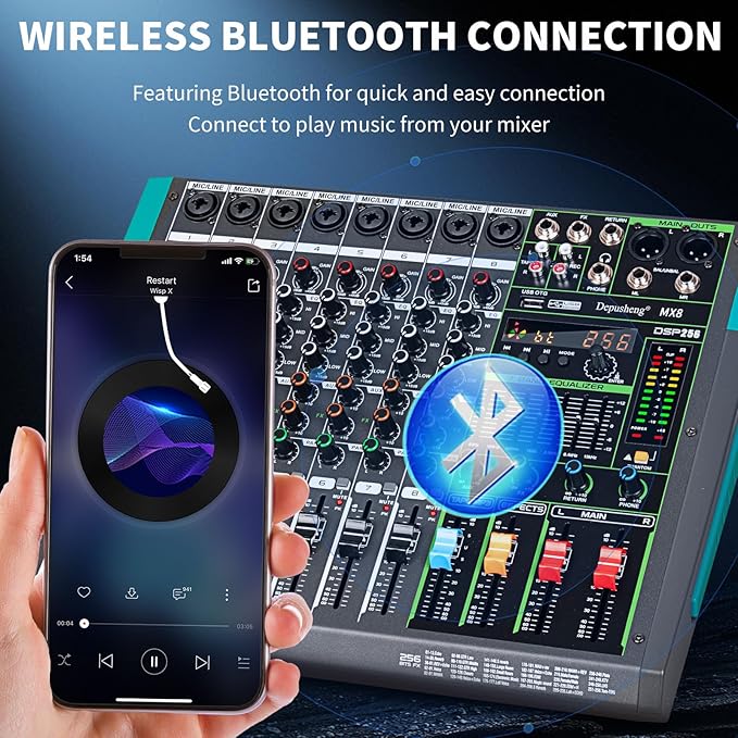 Depusheng MX8 8 Channel Sound Mixer Audio Mixing Console 48V 256DSP Professional USB PC Play Record Podcast Live Broadcast (US MX8)