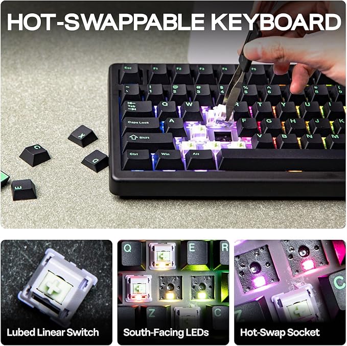 EPOMAKER QK81 75% Wireless Mechanical Gaming Keyboard, QMK/VIA Programmable and Hot-Swappable, 81 Keys with Metal Knob, 2.4Ghz/BT/USB, Creamy Gasket-Mount, RGB Backlight (Black, Wisteria Switch)
