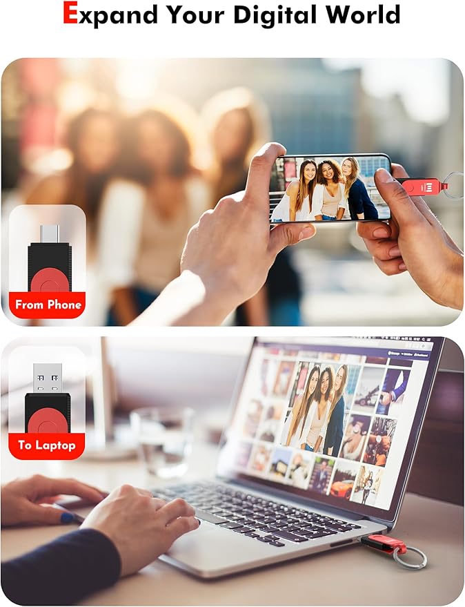 MOSDART 128GB USB3.1 Fast Speed C and A Dual Flash Drive, exFAT Memory Stick with Keychain and LED Indicator, for iPhone 15 and 16, Android Phone, iPad, MacBook, Red and Purple(Pack of 2)