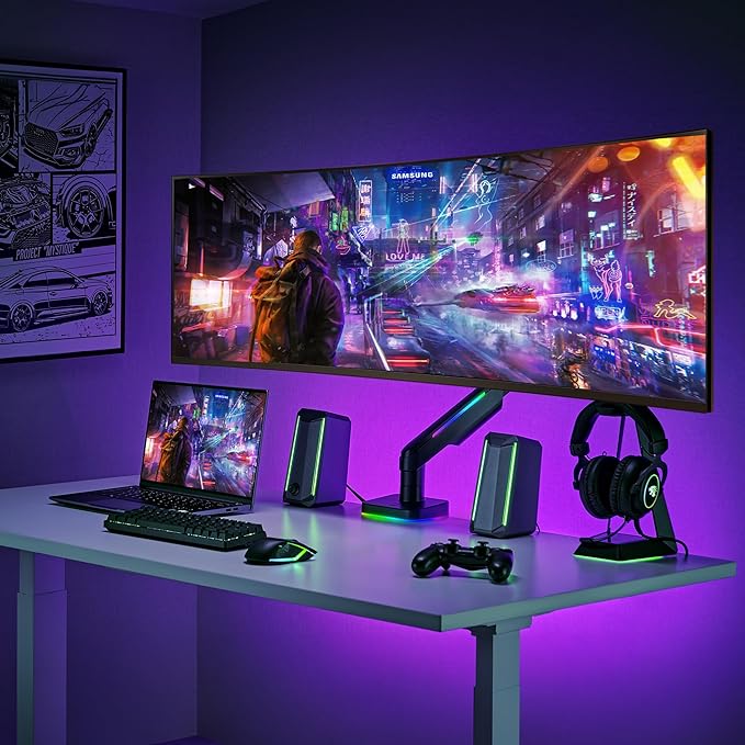 AVLT RGB Lights Single 17”-49” Gaming Monitor Arm Desk Mount, Fits One Flat/Curved/Ultrawide Screen up to 44lbs(20kg), Height Swivel Tilt Adjustable Stand - Black