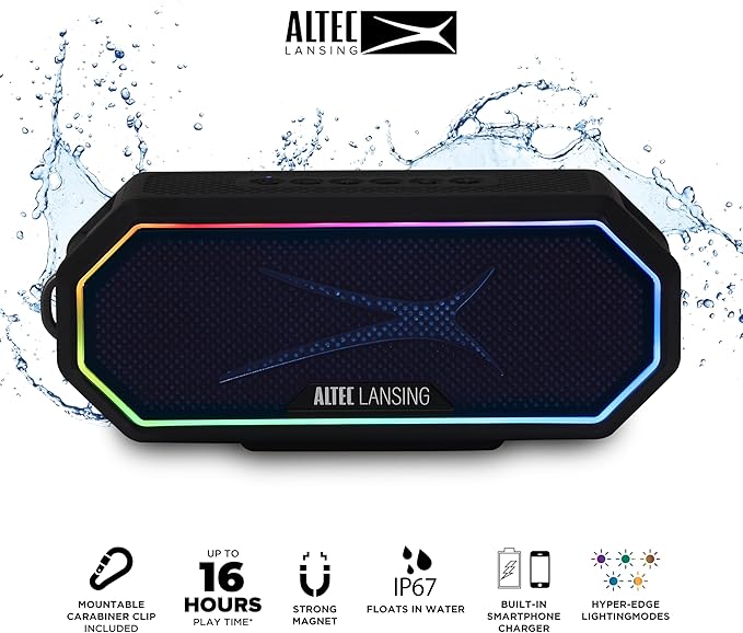 Altec Lansing Magnetic Bluetooth Speaker HYDRAJOLT 2.0, Waterproof IP67, 12W Output Power, 16H Battery, Multicolor LED, 100ft Wireless Range, Voice Assistant, USB-C Quick Charge