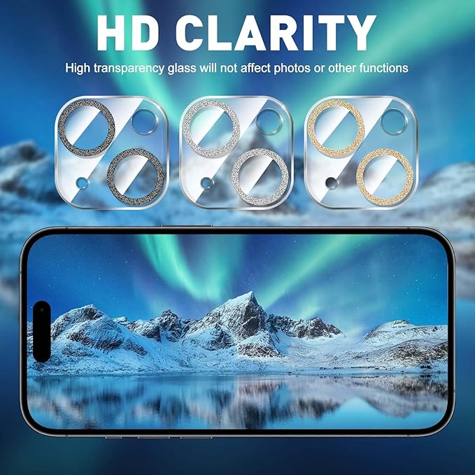 LucBuy 3PCS Sparkling Camera Lens Protector for iPhone 16/iPhone 16 Plus, Full Clear Acrylic Cover with Shiny Colorful Glitter Designed Decoration Back Camera Protector
