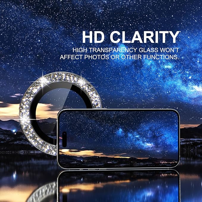 Choiche Compatible for iPhone 15 Pro/iPhone 15 Pro Max Camera Lens Protector Bling, 9H Tempered Glass Camera Cover Screen Protector Metal Ring Decoration Accessories (Glitter-Silver)