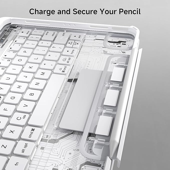 Keyboard Case for iPad 11 inch Pro 4/3/2/1st Gen & 11’’ iPad Air 2025 M3, 2024 M2 & 10.9" iPad Air 5th/4th Gen, 360° Rotating Stand Transparent Protective Cover with Pencil Holder (White)