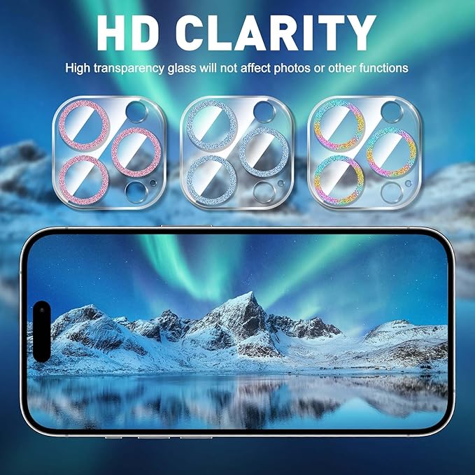 LucBuy 3PCS Sparkling Camera Lens Protector for iPhone 15 Pro/iPhone 15 Pro Max, Full Clear Acrylic Cover with Shiny Colorful Glitter Designed Decoration Back Camera Protector