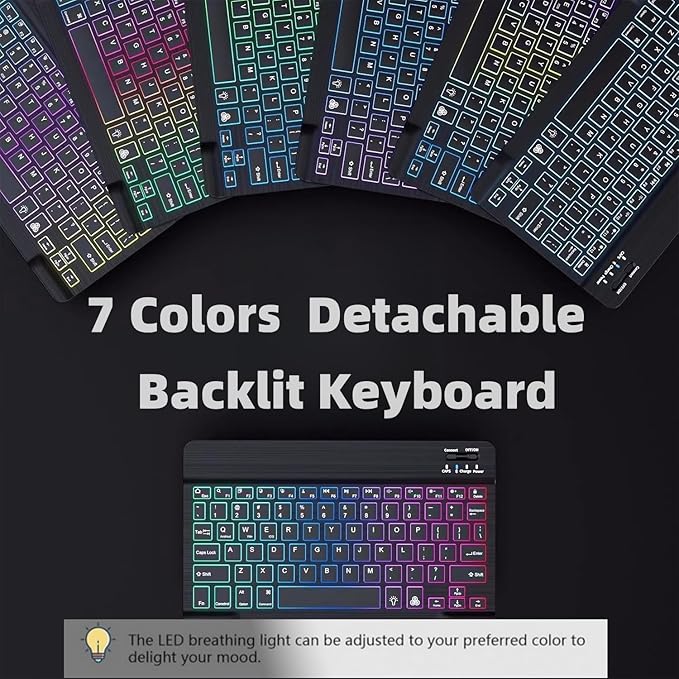 Keyboard Case for Galaxy Tab S10 Plus/S9 Plus/S9 FE Plus/S8 Plus/S7 Plus/S7 FE 12.4 Inch, 7 Color Rainbow Backlight Detachable Magnetic Keyboard Cover with S Pen Holder,Sky Blue