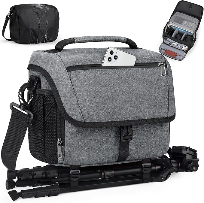 RAINSMORE Camera Bag, DSLR/SLR/Mirrorless Camera Case with Tripod Holder Waterproof Camera Sling Bag Crossbody Camera Bags for Photographers with Rain Cover for Canon/Nikon/Sony/Fuji, Grey