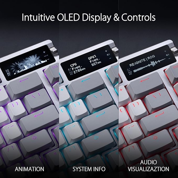 ASUS ROG Azoth 75% Wireless DIY Custom Gaming Keyboard, OLED Display, Three-Layer Dampening, Hot-Swappable ROG NX Snow Switches & Keyboard Stabilizers, PBT Keycaps, RGB-White