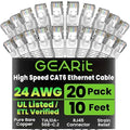 GearIT Cat 6 Ethernet Cable (20-Pack 10 Feet) Cat6 Network Patch, 10Gbps, RJ45, Snagless Cord, Gold-Plated Connectors, Internet for PC, TV, Tablet, Router, Printer, Servers, IT Data Center - White