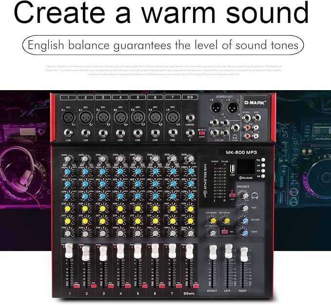 G-MARK MK800MP3 Professional Audio Mixer Sound Board 8 Channels Mixing Console with MP3 Player +48V Phantom Power Digital USB Bluetooth Reverb DJ Mixer Audio for PC Karaoke Stage Studio Recording