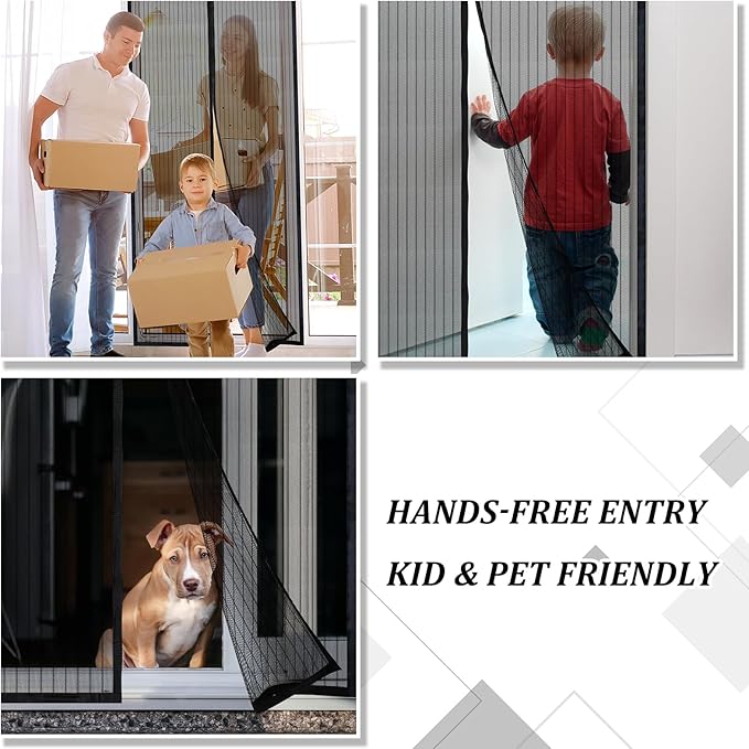 Magnetic Screen Door - Self Sealing, Heavy Duty, Hands Free Mesh Partition Keeps Bugs Out Let Breeze in- Pet and Kid Friendly - Keep Open Feature (Black, Fit Door Size 38 x 80 Inch)