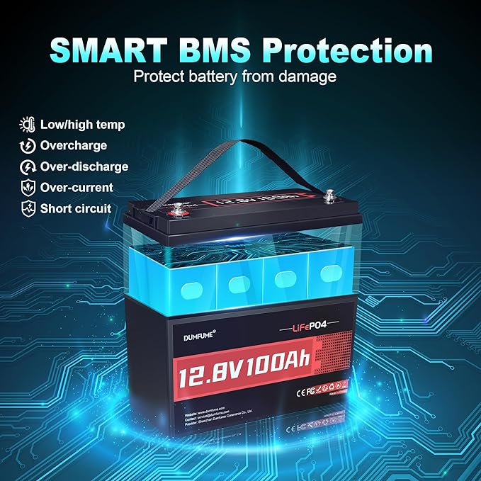 12V 100Ah LiFePO4 Lithium Battery, Built-in 100A BMS, 1280Wh, Up To 6000+ Cycles, Ideal For RV, Marine, Trolling Motor, Solar Off-Grid Systems