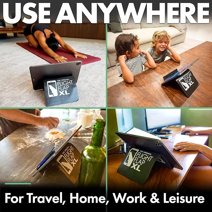 Airplane Tablet Holder, Extra Large 12x7” Flexible Cell Phone and Tablet Holder, Folding Cellphone Stand for Desk, Kindle, Bed, Long Flight Travel Accessories, Plane Essentials (Black)