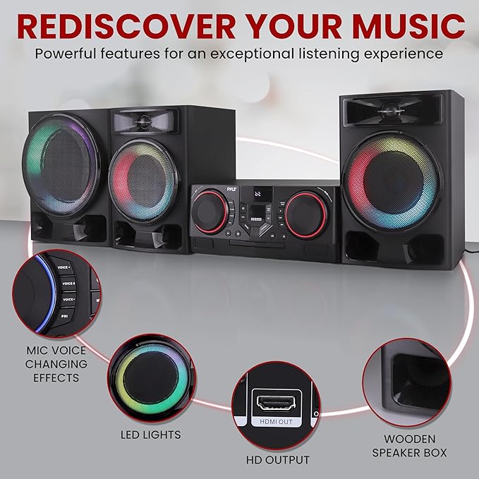 Pyle 4-Piece Bluetooth Stereo System - Mini Hi-Fi Bookshelf Stereo System with USB Recording, FM Radio and Remote Control, DVD/CD Compatibility, Perfect Stereo Shelf Systems for Home, 1000W