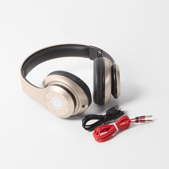 iJoy Bluetooth Headphones Over Ear, Wireless and Wired Foldable Headset Built-in Microphone, FM, Micro SD Card Slot - (Gold) Adults Kids Men Women