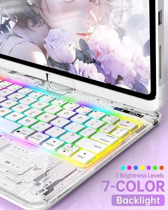 Intermerge Clear Keyboard Case for iPad Air 11" (M3/M2, 2025/2024), Air 5th/4th, Pro 11" 2022-2018, 360° Swivel Multi-Touch Trackpad, 7-Color Backlit, Pencil Holder, Type-C, Frost Pulse