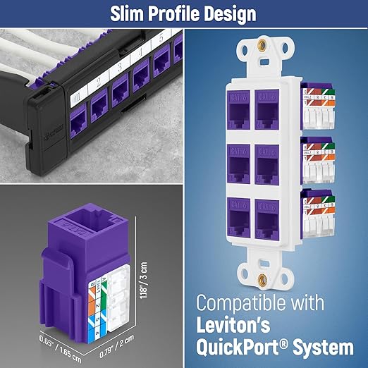 Everest 90° Angled RJ45 Cat6A Keystone Jacks 20-Pack in Purple - Slim Profile Female RJ45 Connectors - Cat 6A Keystone Jack - Compatible with 90° Angled Speed Termination Tool - easyJACK (B094WB91H3)