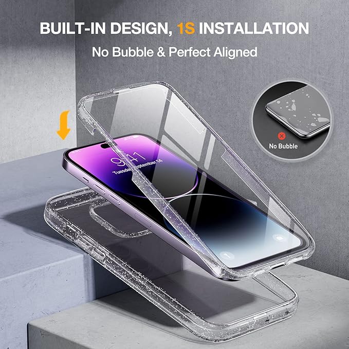 Miracase Glass Series Designed for iPhone 14 Pro Max Case 6.7 Inch, Upgrade Full-Body Bumper Case with Built-in 9H Tempered Glass Screen Protector, with Camera Lens Protector, Glitter Clear