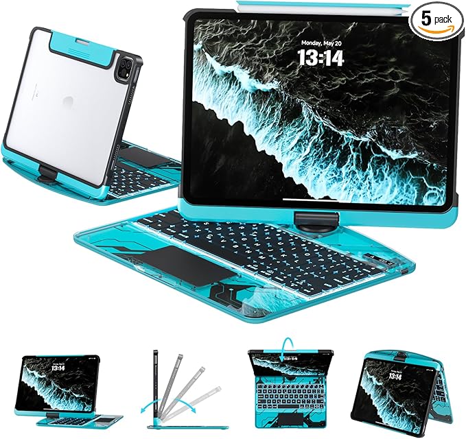Transparent Case with Keyboard for 2024 iPad Pro 11-inch (M4),with 7-Color Backlit Wireless Keyboard, 360°Rotatable Protective Case Multi-Touch Trackpad,with Pencil Holder,with Shortcuts,Blue