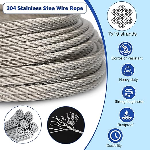 TooTaci 3/16 Wire Rope Kit with M8 Turnbuckles for Cables Wire, 50ft Stainless Steel Cable, Clamps and Thimbles, 7x19 Strands Heavy Duty Aircraft Cable for Zipline, Deck Railing, Shade Sail