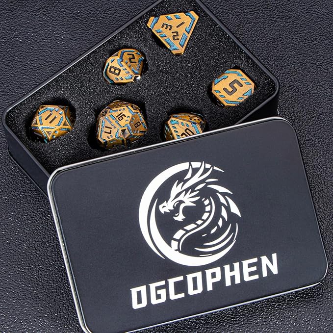 Metal DND Sci-fi Dice Set 7PCS Stripe Polyhedral Dice for Dungeons Dragons RPG Role Playing Game, Glitter D and D Dice with Gift Box D6 D8 D10 D12 D20 (Ancient Gold&Green Purple)