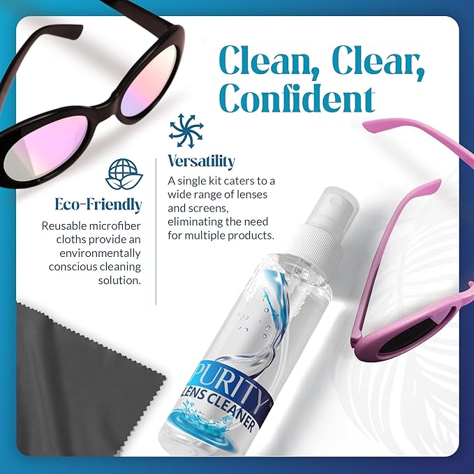 Purity Eyeglass Lens Cleaner Kit - 3 x 2oz Travel Size Lens Cleaner Spray Bottle + 2 Microfiber Cleaning Cloths - Safe for All Lenses (AR Coated Included), Eyeglasses and Screens - Clear