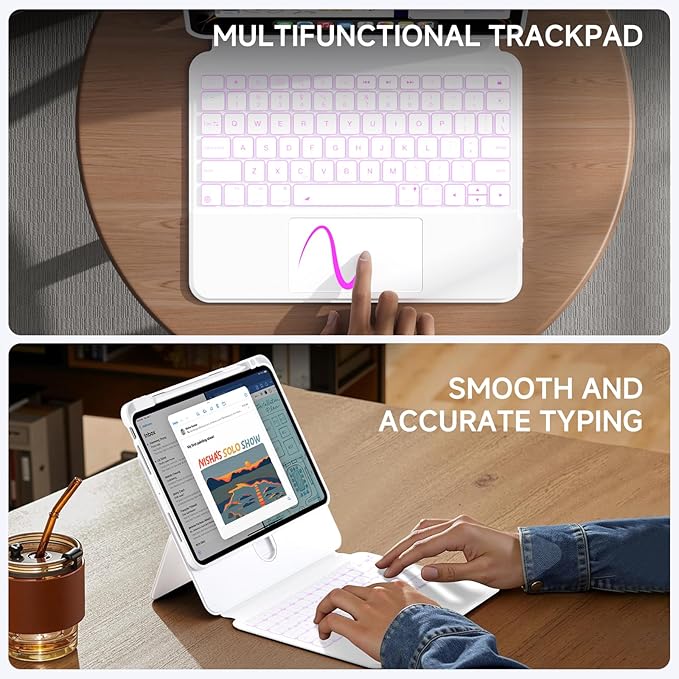 ONLY fit for iPad 12.9 inch Pro 6/5/4/3rd Gen & 13 inch iPad Air (2025 M3, 2024 M2) Case with Detachable Keyboard Trackpad, 360 Rotate Cover Pencil Holder 12 Shortcut Key 7 Color Backlit, White
