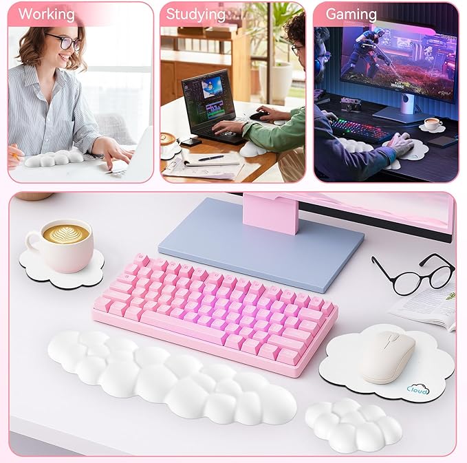 Cloud Wrist Rest for Computer Keyboard, 4-in-1 Memory Foam Leather Cloud Keyboard Wrist Rest and Mouse Pad Set with Ergonomic Support for Arm and Palm Cushion, Gaming/Work Setup, White