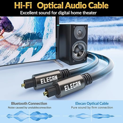 Elecan Optical Audio Cable 30 Ft Digital Audio Toslink Cable Cord-Fiber Optic-Gold Plated-Flexiable&Durable-for Home Theater,Sound Bar,PS4&Xbox-with 4 Right Angled and Mini Toslink Adapters+Ties
