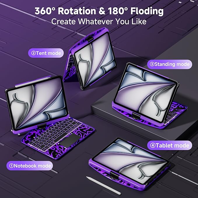 Keyboard Case for 12.9 inch iPad Pro 6/5/4/3rd Gen & 13 inch iPad Air (2025 M3, 2024 M2) Wireless Keyboard with Trackpad 7 Color Backlit, Transparent Protective Cover with Pencil Holder (Purple)