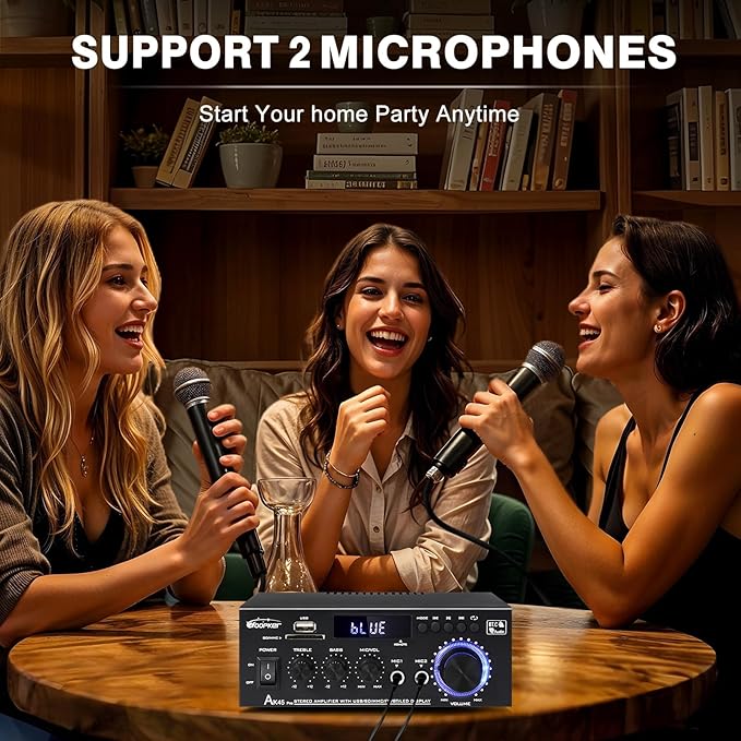 AK45Pro Stereo Receivers Amplifier Home Audio with Bluetooth 5.3, 400W,2.0 Channel Power Stereo Amplifier with USB,SD,RCA,FM,2MIC in for Home Theater Speakers,Home Amplifier with Remote Control