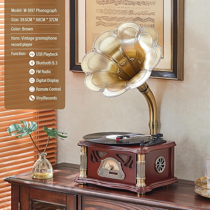 Vintage Gramophone with Bluetooth Output Vintage Record Players Retro Gramophone Turntables for 7" 9" 12" Vinyl Records 3 Speed, Hi-Fi, Handcrafted by Pure Oak (Walnut)