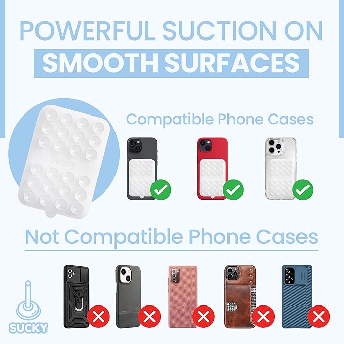 SUCKY Double Sided Suction Phone Octo Cup Buddy Mount - Anti-Slip Holder, Hands-Free Phone Accessory for iPhone and Android - Sticky Grip for Selfies, Videos - Clear