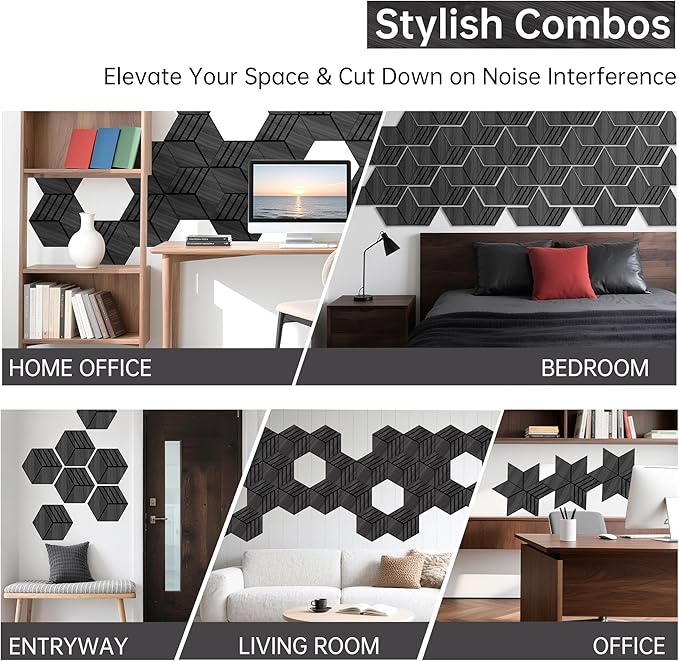Mollywell Hexagon Acoustic Panels, Black Oak TW4, 14x12x0.4 Inch, 12 Pack |Wood Veneer|High Density Sound Proofing Wall Panels|Self Adhesive Sound Dampening Felt Wall Tiles|Home Theater|Gaming Room|