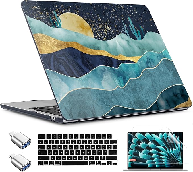 TWOLSKOO Compatible with M4 MacBook Air 13.6 inch Case 2025-2022 Release M4 A3240 M3 A3113 M2 A2681, Plastic Hard Shell & Keyboard Cover & Type C Adapter & Screen Protector, Mountains with Trees