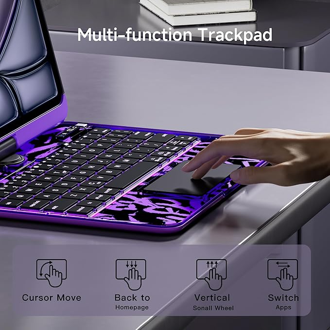 Keyboard Case for 12.9 inch iPad Pro 6/5/4/3rd Gen & 13 inch iPad Air (2025 M3, 2024 M2) Wireless Keyboard with Trackpad 7 Color Backlit, Transparent Protective Cover with Pencil Holder (Purple)