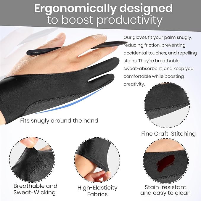 Digital Drawing Glove: 3-Layer Palm Rejection, Two-Finger Artist Glove for Drawing Tablet, iPad, Paper Sketching, Fits Left and Right Hand, Includes Cleaning Cloth (2-Pack, Medium, Black)