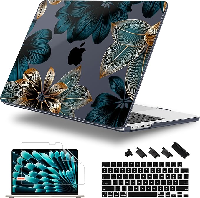 Case for MacBook Air 15 Inch 2025 2024 2023 Release M4 A3241 M3 A3114 M2 A2941, Hard Shell with Screen Protector & Keyboard Cover, Compatible with Touch ID - Leaves