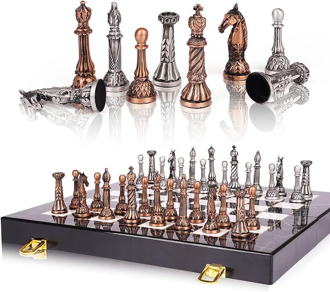 Retro Metal Chess Set for Adults and Kids – Marbling Chess Board with Chess Pieces – Travel Chess Set with Metal Pieces – Folding Chessboard – Ideal for Beginners and Professional Players