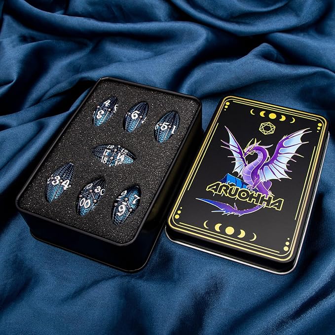 ARUOHHA DND Metal Dice Black Blue Dragon Egg Dice with Metal Box, Role Playing Game Polyhedral D and D Dice Set D20 D12 D10 D8 D6 D4