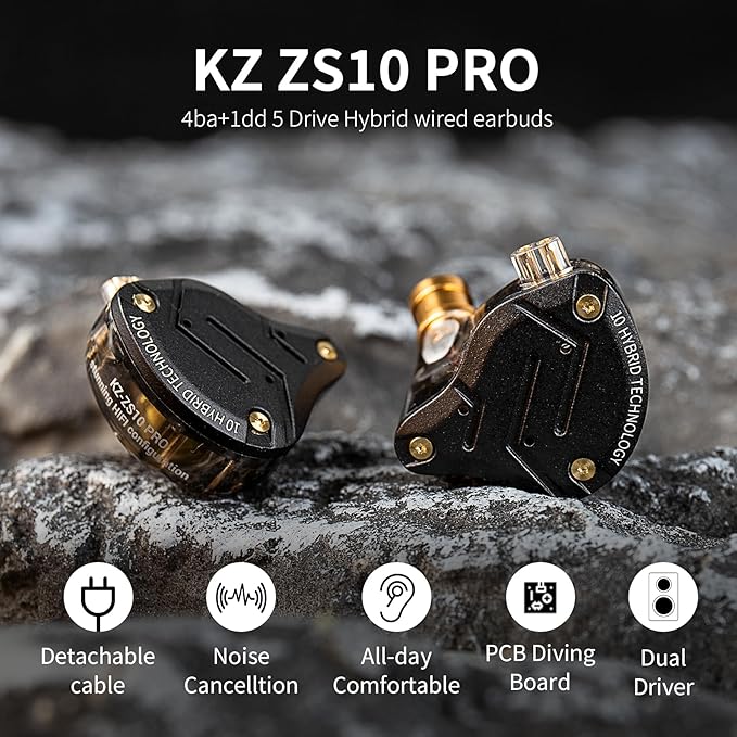 KZ ZS10 Pro in Ear Monitor, 4BA 1DD KZ Wired Headphone Multi Driver in Ear Earphone, IEM Headphones on Stage HiFi Monitor for Singer Guitarist Drummer (Matte Black with Mic)