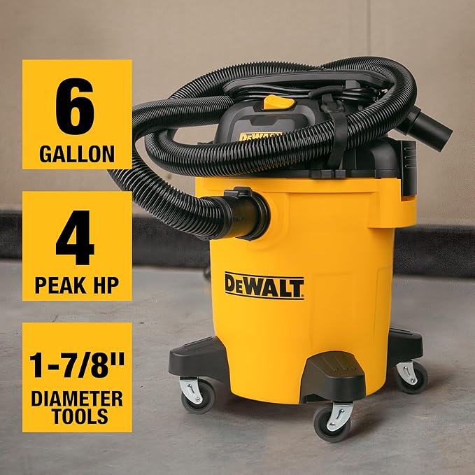 DEWALT Shop Vacuum 6 Gallon 4HP Poly Wet Dry Vacuum Ultimate Cleaning Solution for Construction Workshop Environments for Jobsite Garage Home W/Inflation Ket, Yellow, DXV06PL