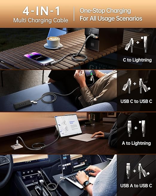 SHEZI 4-in-1 USB C Cable 5FT 90 Degree Fast Charging [480Mbps Data Sync] Flat Nylon Braided Charger Cord Combo, USB A/C to C/L Multi Charging Cable for iPhone 16/15/Samsung & Most Devices, Grey