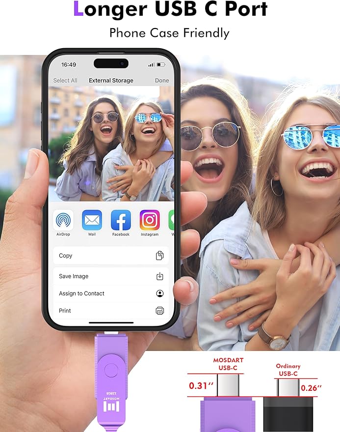 MOSDART 128GB Dual USB C Flash Drive, Speed Up to 150MB/S Type C 3.1 Thumb Drive with Keychain and LED Indicator, exFAT Memory Stick for iPhone 15 and 16, iPad, Android Phone, Tablet, Laptop, Purple