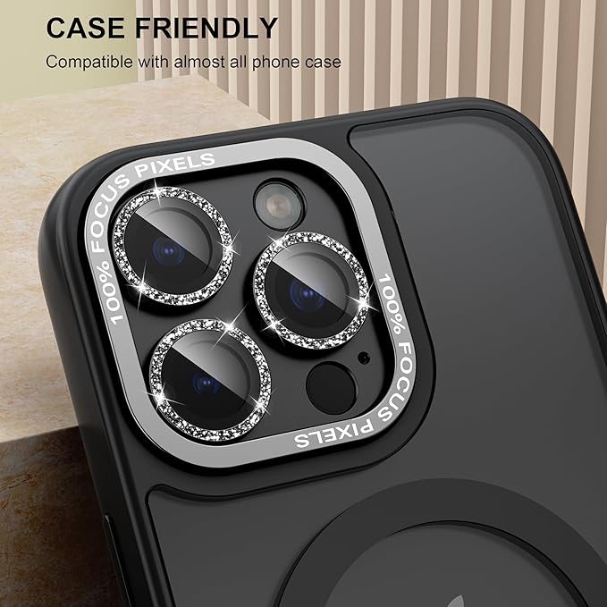beuxece Compatible for iPhone 16 Pro/iPhone 16 Pro Max Camera Lens Protector, Bling Metal Tempered Glass Camera Screen Cover Accessories [Strong Adsorption][Case-Friendly]- Glitter Titanium Black
