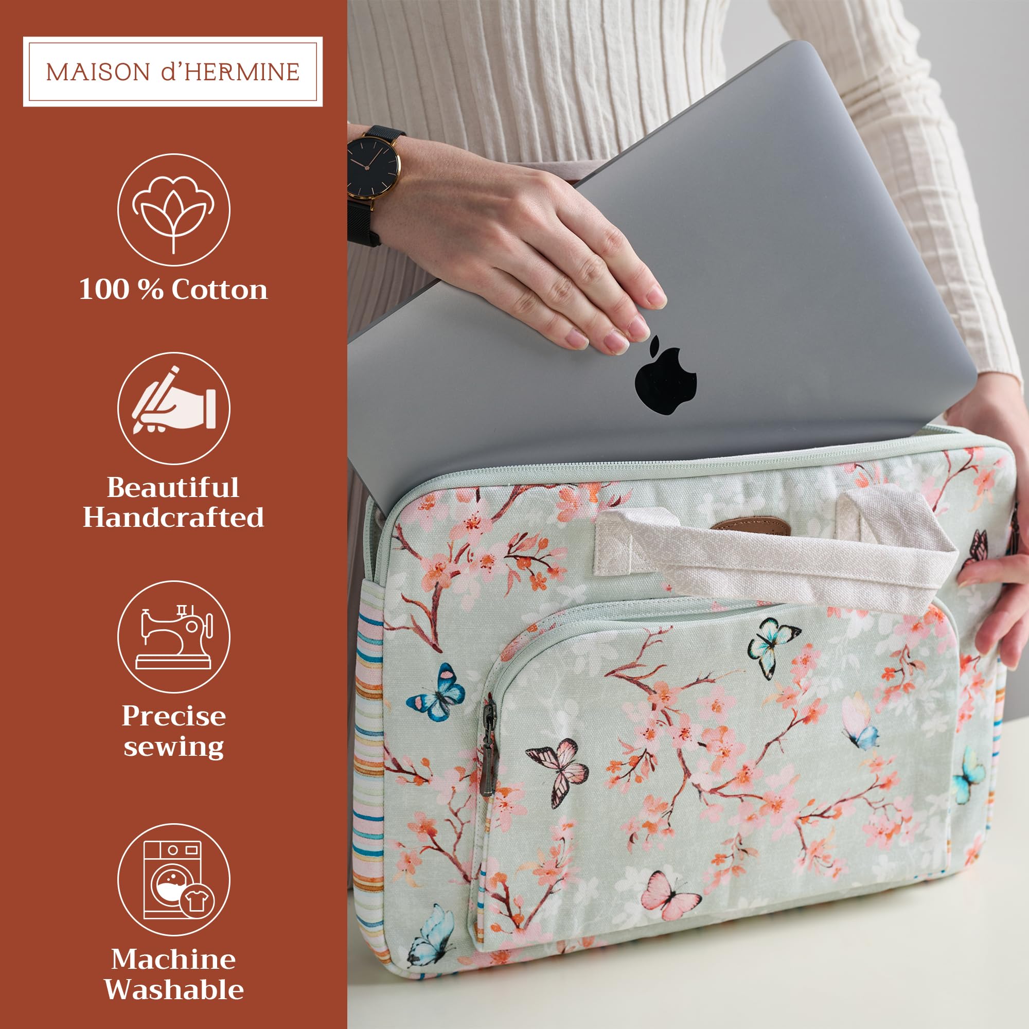 Maison d'Hermine Laptop Bag with Pocket Upto 13.5 inch Stain and Water Repellent Cotton Canvas Spring Summer (Blossoms in Spring)