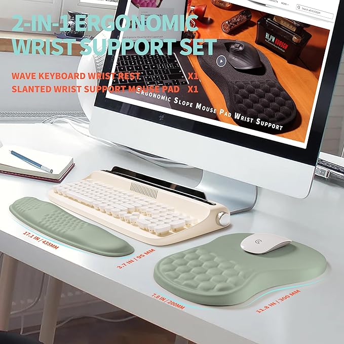 2-in-1 Ergonomic Set, Wave Rise Keyboard Wrist Rest and Massage Bulge Slope Mouse Pad Wrist Support, Cushion Memory Foam Integrated to Relieve Wrist Pain, Light Green